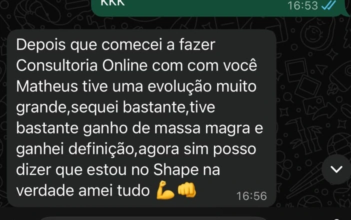 Depoimento de aluno da consultoria online de Matheus Henrique sobre ganho de massa magra, definição e evolução do shape masculino.