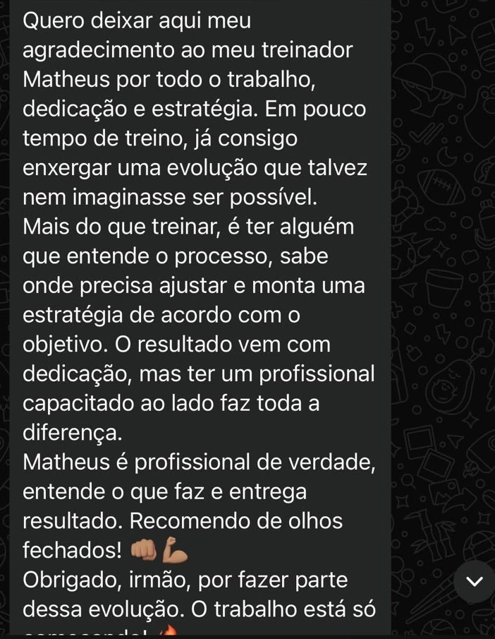 Depoimento de aluno sobre evolução no treino, estratégia e acompanhamento profissional com Matheus Henrique personal trainer em Campo Grande MS.