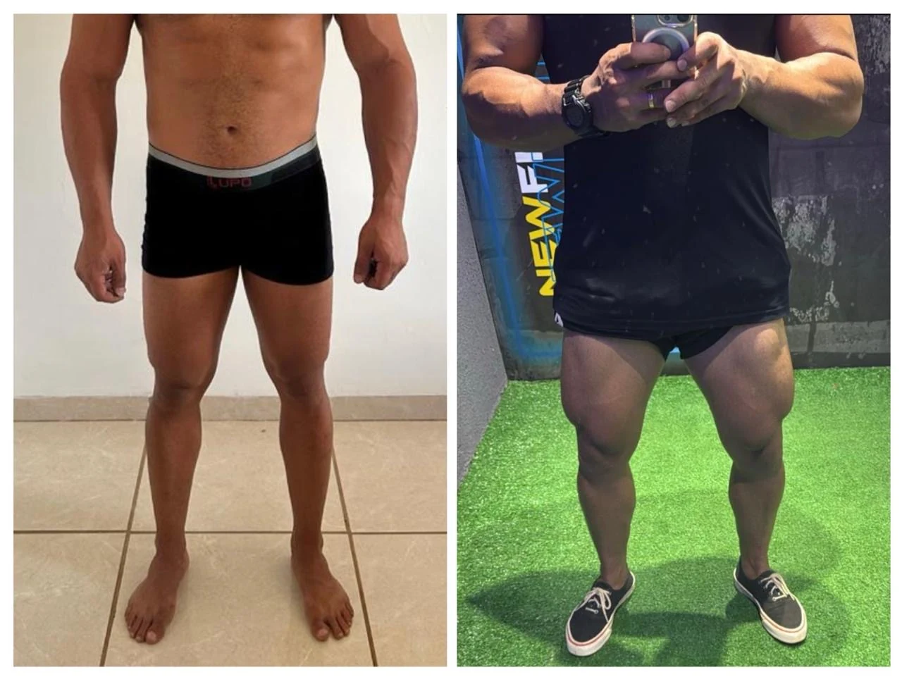 Antes e depois de aluno com foco em abdômen definido e musculação masculina em acompanhamento com Matheus Henrique.