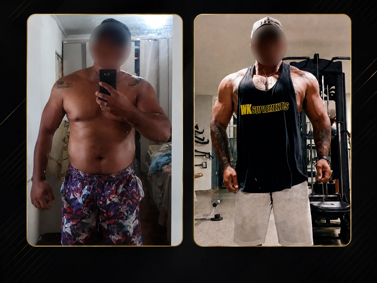 Antes e depois de aluno em processo de perda de gordura e melhora do shape masculino com consultoria online de Matheus Henrique.