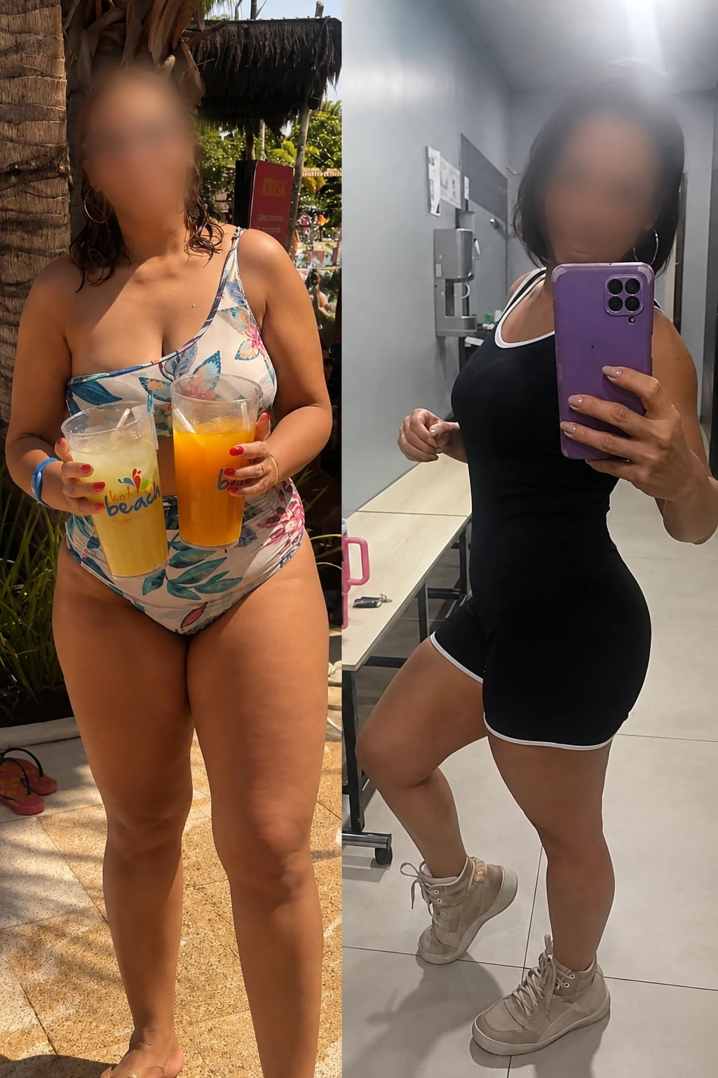 Antes e depois de aluna de Matheus Henrique em Campo Grande MS com evolução estética e perda de gordura.